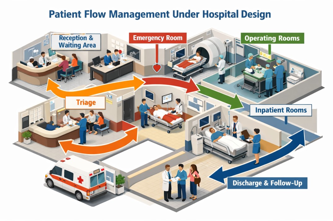 Patient Flow Management under Hospital Design